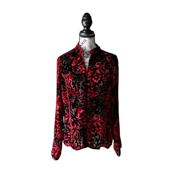 Vintage Black & Red Burnout Velvet Blouse — 90s Gothic Glam, Size M - Picture 2 of 4